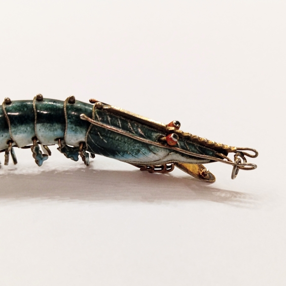 Antique RARE Silver Guilloche Enamel Articulated Shrimp Prawn Pendant - Picture 6 of 10